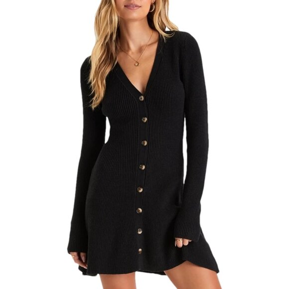 Dresses & Skirts - Women's Black V-Neck Ribbed Knit Mini Dress Long Sleeve Button Front